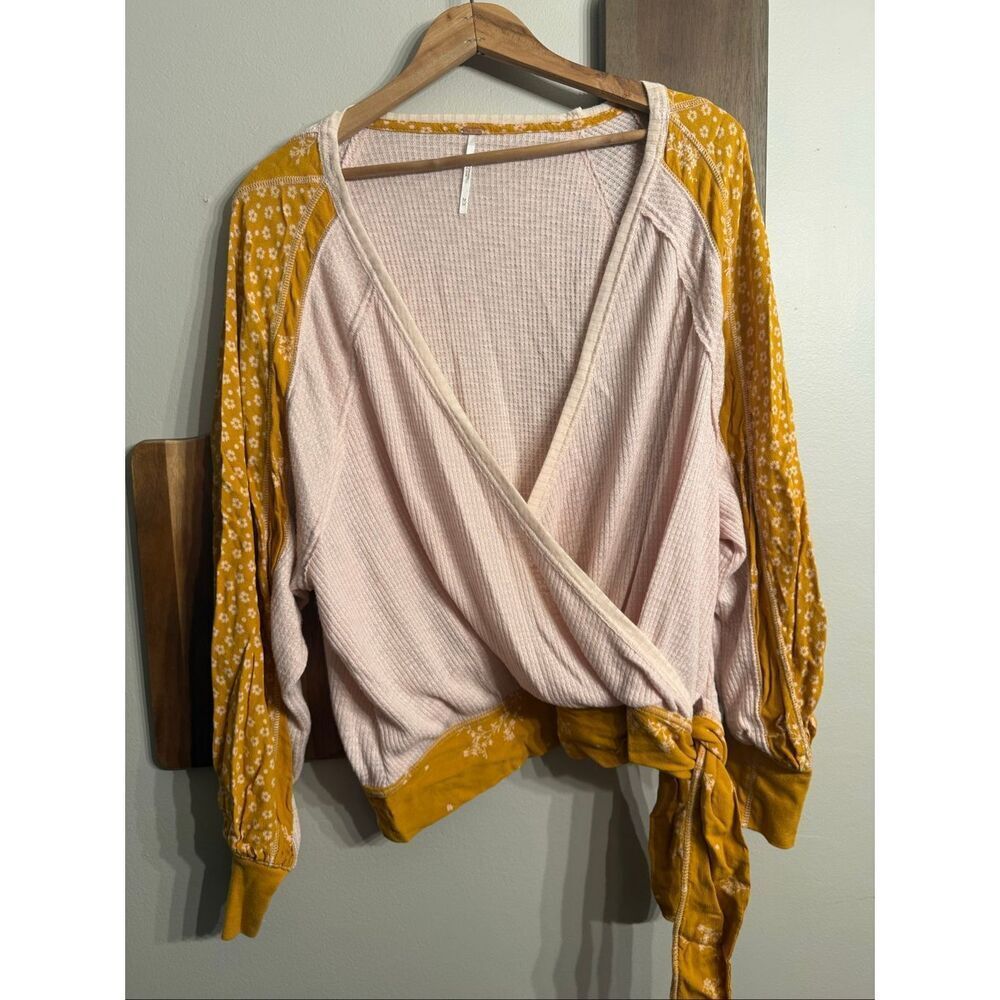 Free People Pink Mustard Yellow Auxton Waffle Thermal Tie Waist Wrap Top Medium‎